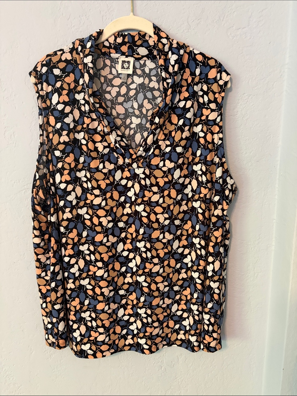 Anne Klein Sleeveless V-Neck Camisole in Navy, Tan, Cream, Blue Leaf Print